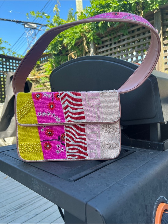 Handbags - Pink & Yellow Beaded Patchwork Shoulder Bag